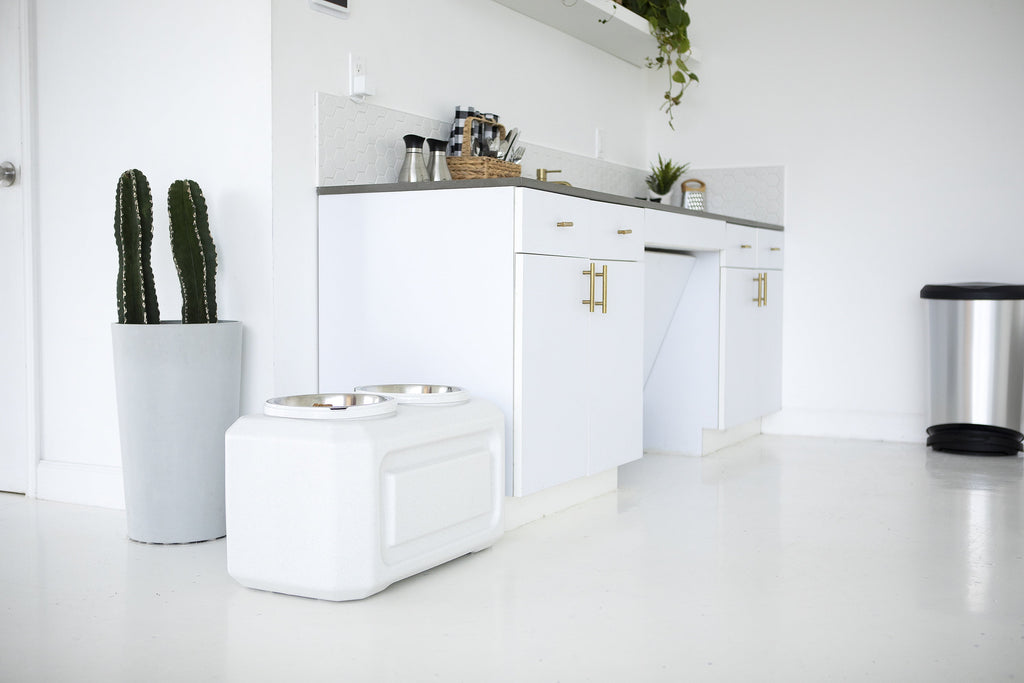 Vittles Vault 2-In-1 Elevated Stainless Steel Dog Bowls with 50 Lb Dry Food Storage, White