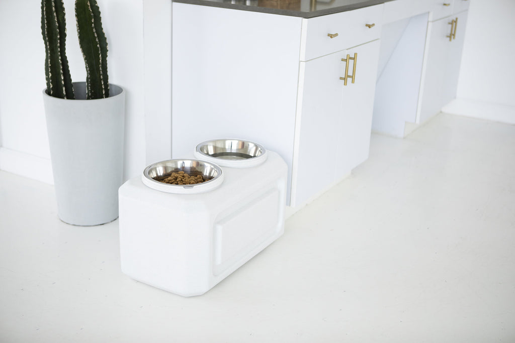 Vittles Vault 2-In-1 Elevated Stainless Steel Dog Bowls with 50 Lb Dry Food Storage, White
